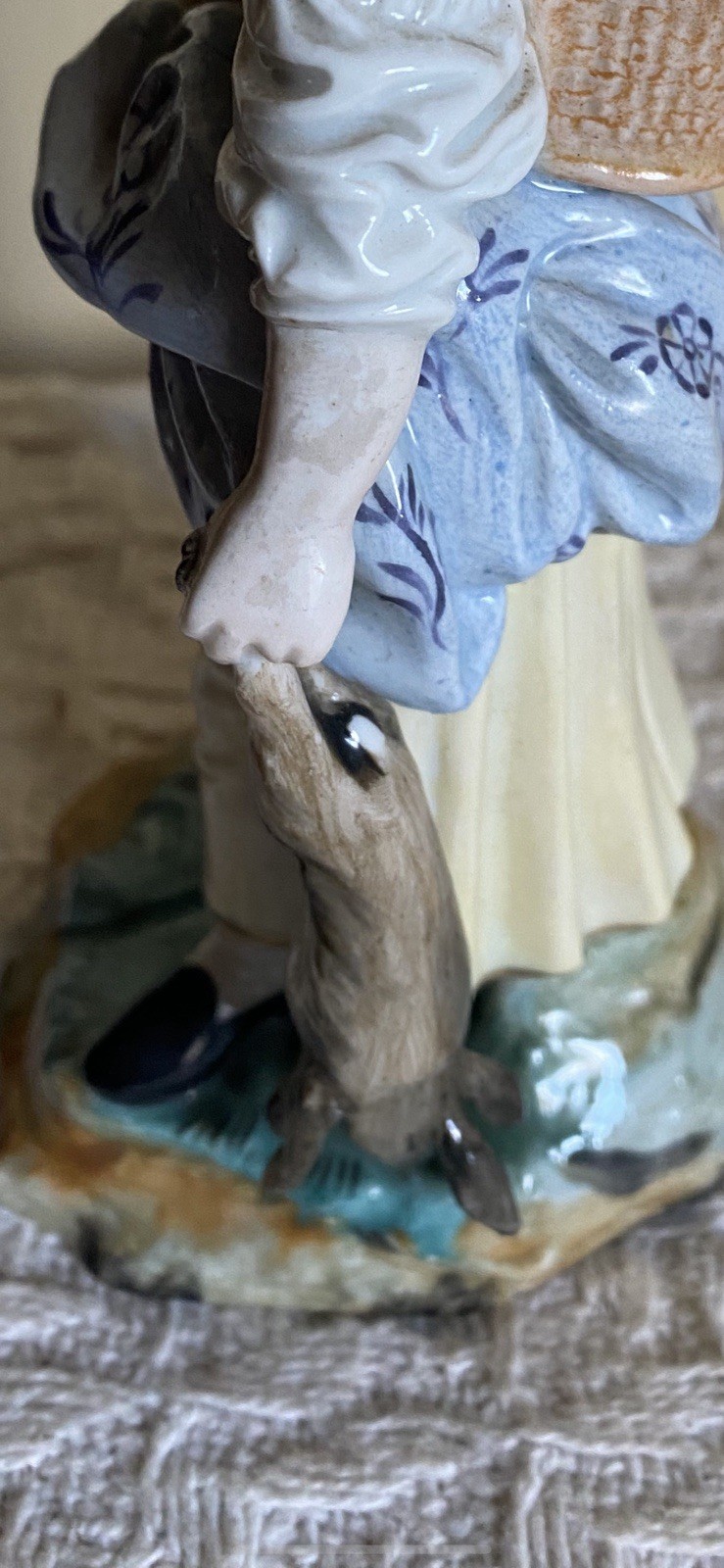 Antique Hochst Porcelain German Peasant Woman w/Goose & Hare Rabbit Figurine