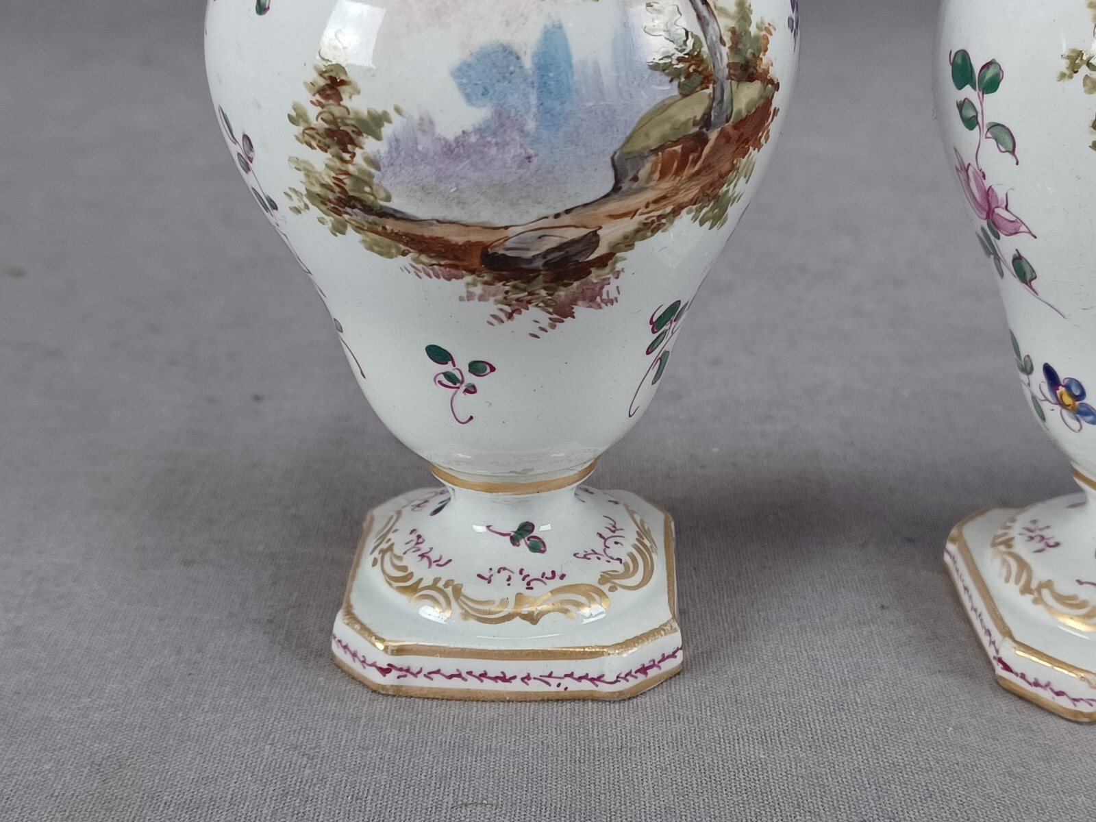 Pair of Late 19th Century French Hochst Style Hand Painted Watteau Faience Vases