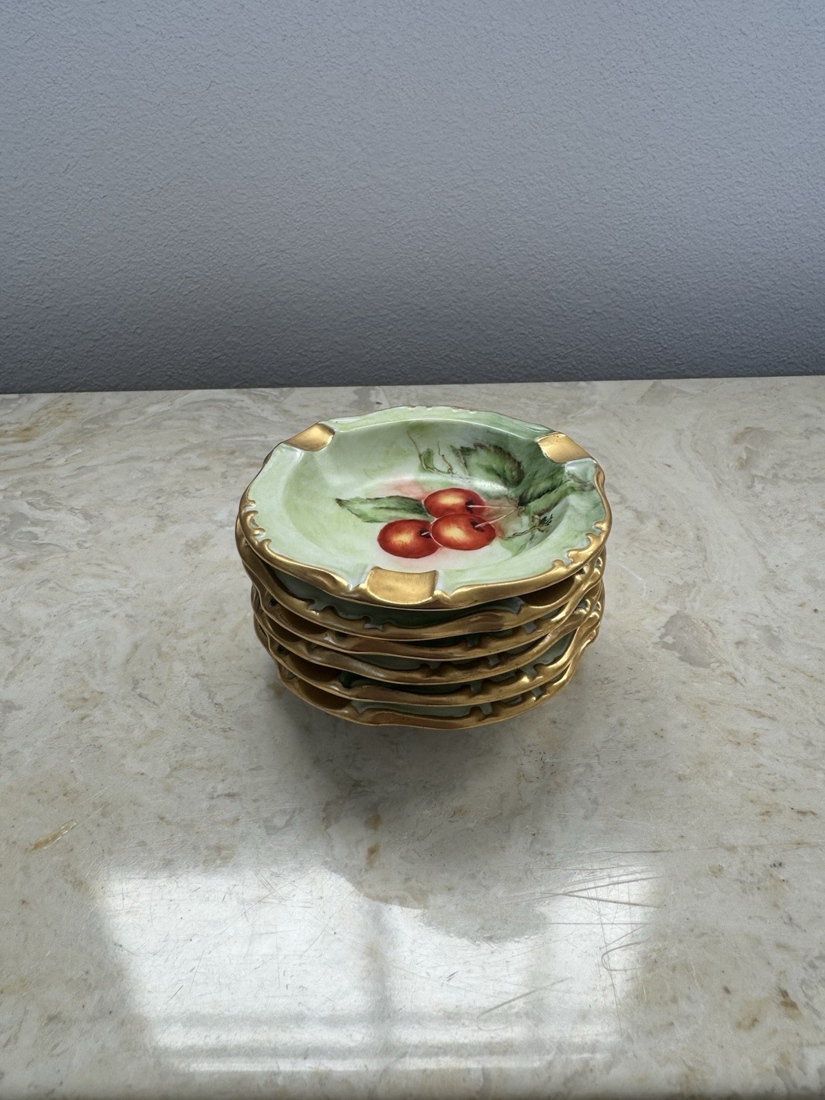 Vintage RS Germany Porcelain Ashtray Set (6) Hand Painted Cherries Gold Trim