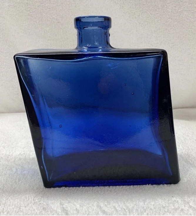 Vtg Cobalt Blue Tilted Rhombus Glass Askew Bottle Handmade Mexico Heavy Decor