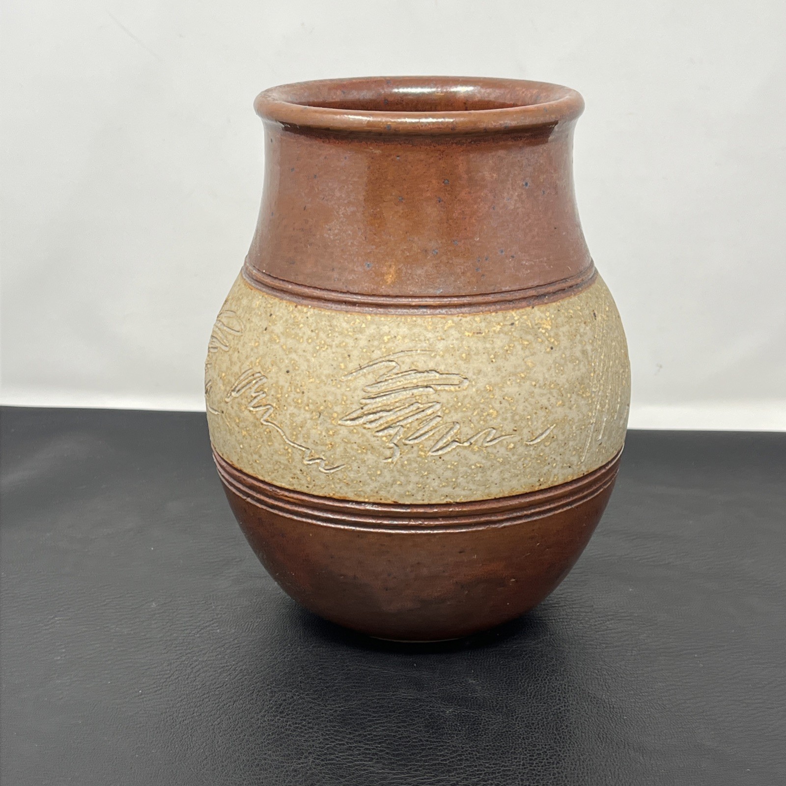 Vintage Studio Art Pottery Stoneware Vase glazed texture 7″ beige brown