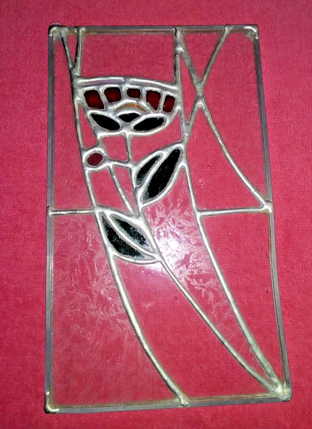 Abstract Rose Leaded and Etched Stained Glass Panel 10 x 6 inches