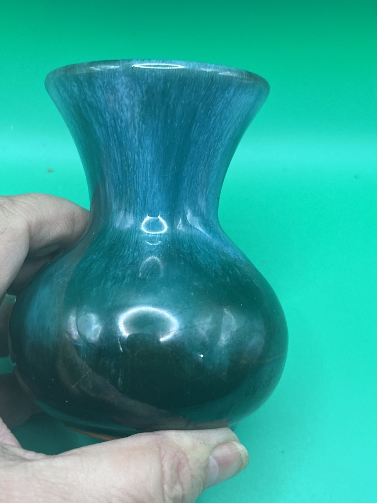 VTG BMP Canada Blue Mountain Pottery Green Black Drip Glaze Vase 4″ Handmade