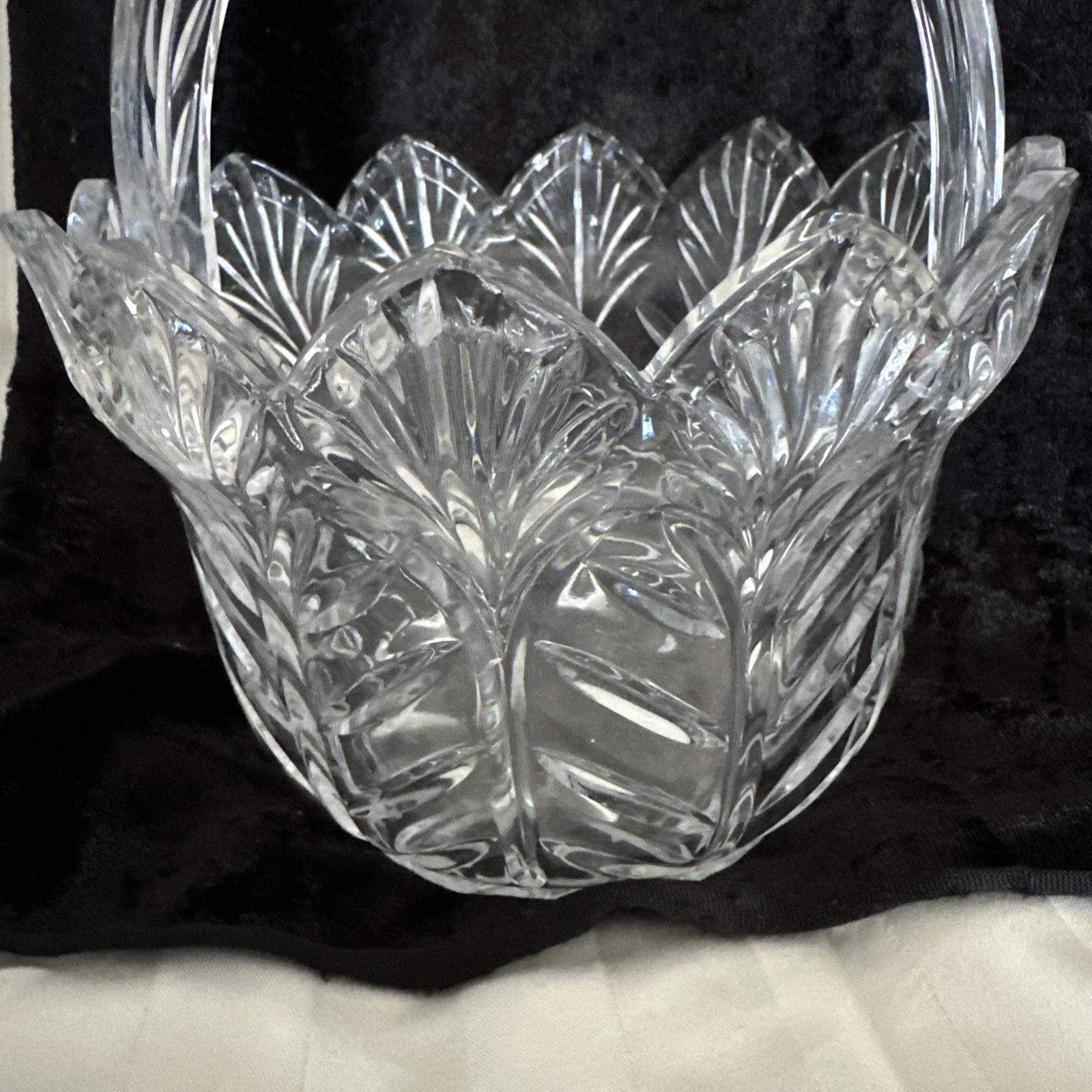 Vintage Crystal Glass Clear Handled Basket Leaf Design 8″Tall