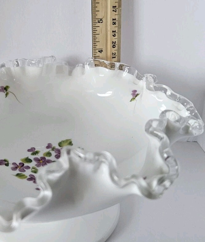 Fenton Silver Crest Violets in Snow White Glass Pedestal Decorative Bowl Dish