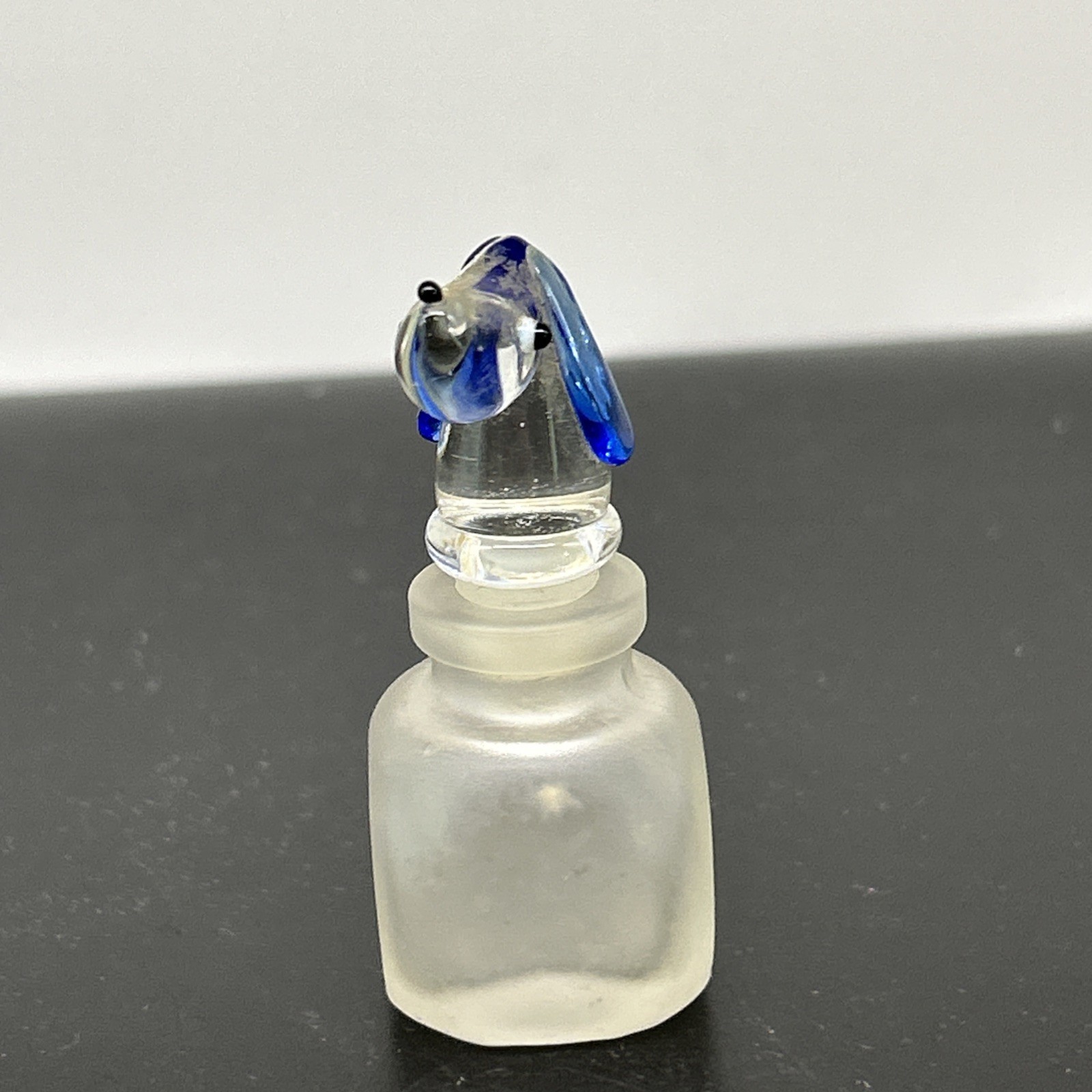 Vintage Miniature Perfume Bottle with Art Glass Dog Puppy Stopper 2″ Cobalt Ears