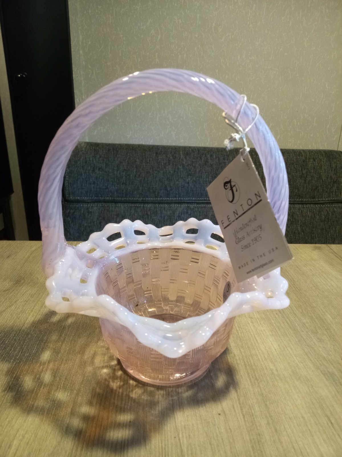 Benton pink glass basket open edge basket weave