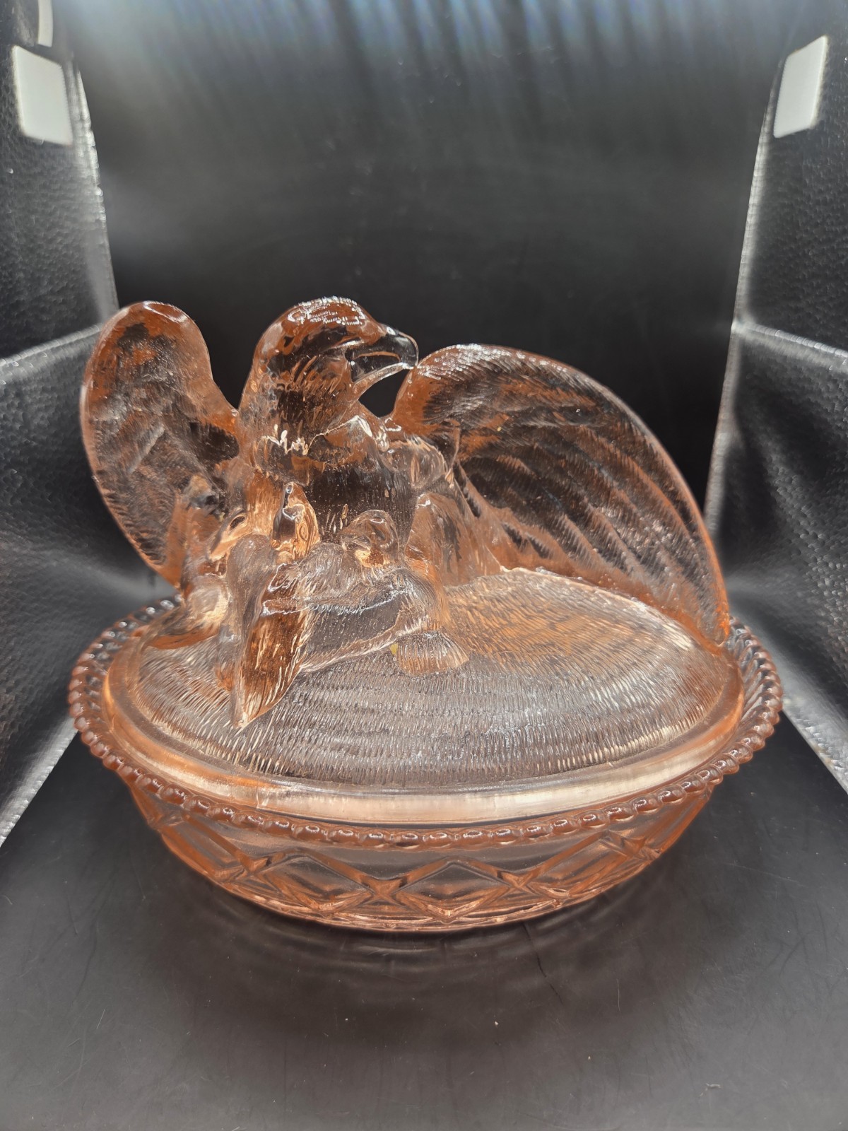 Vtg Westmoreland Nesting Eagle on Nest Basket Pink Glass 6×7.25×6 Candy Dish SEE