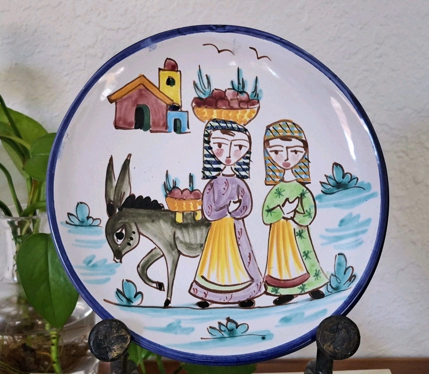 Vintage Italian Amalfi Ceramic Pottery Wall Plate Hand Painted 2 Women Rare 7.5″