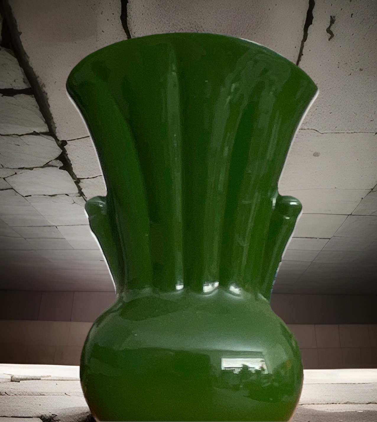 Forrest Green Glossy Glazed Ceramic Vase or Pottery Planter w/ Fan Fluted Shape