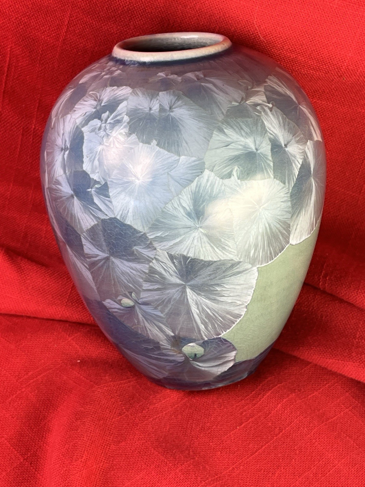 Crystalline Glaze Ceramic Art Pottery Vase Round Signed Blue Green Celadon Art