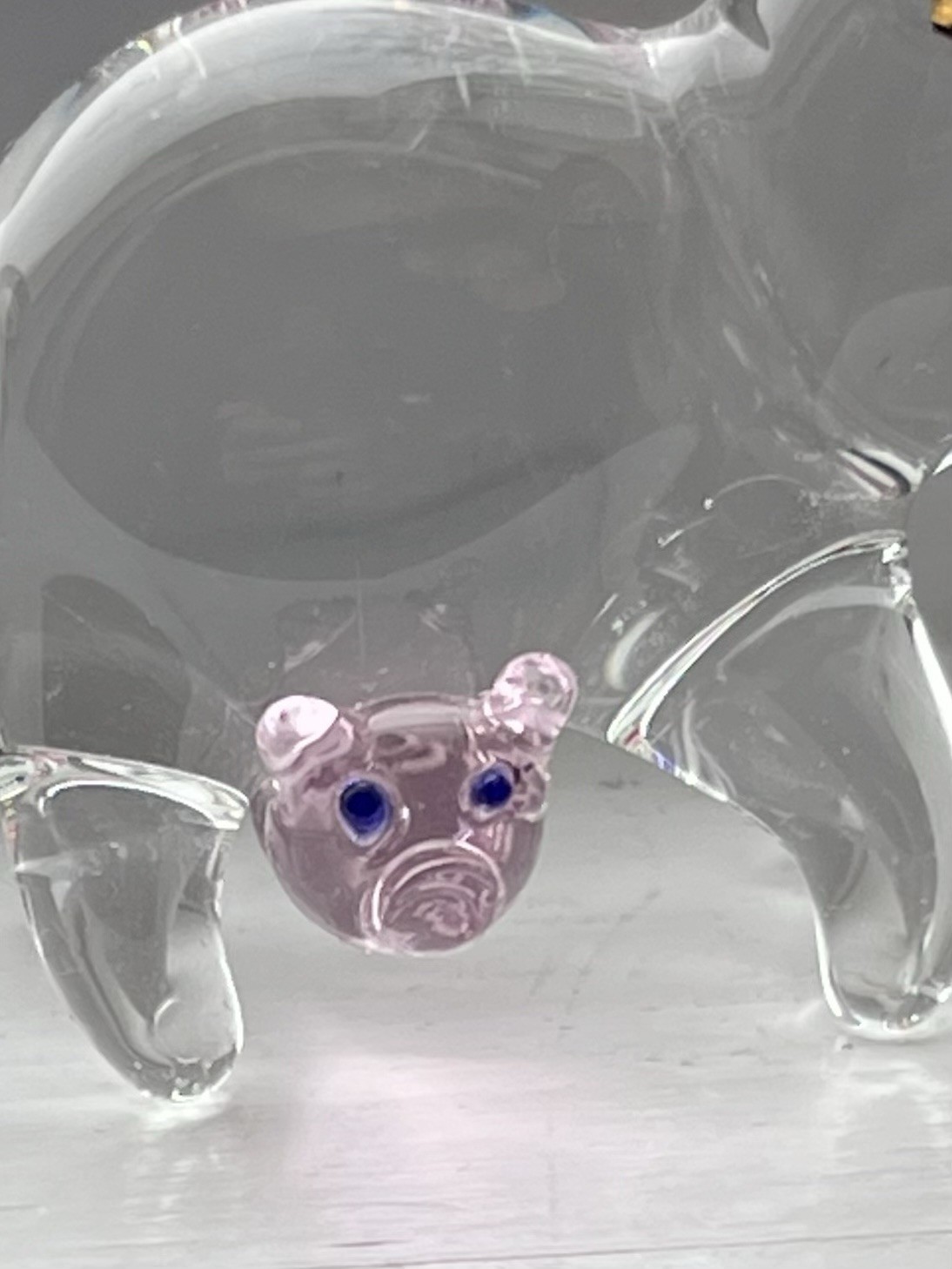 Vintage Solid Hand Blown Clear Glass Mother Pig & Pink Piglet Figurine 2”