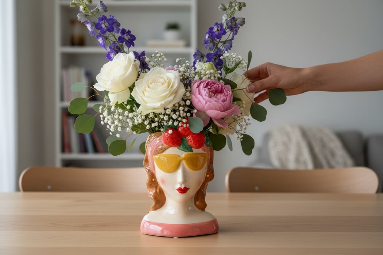 Strawberry Lady Head Ceramic Vase with Yellow Sunglasses