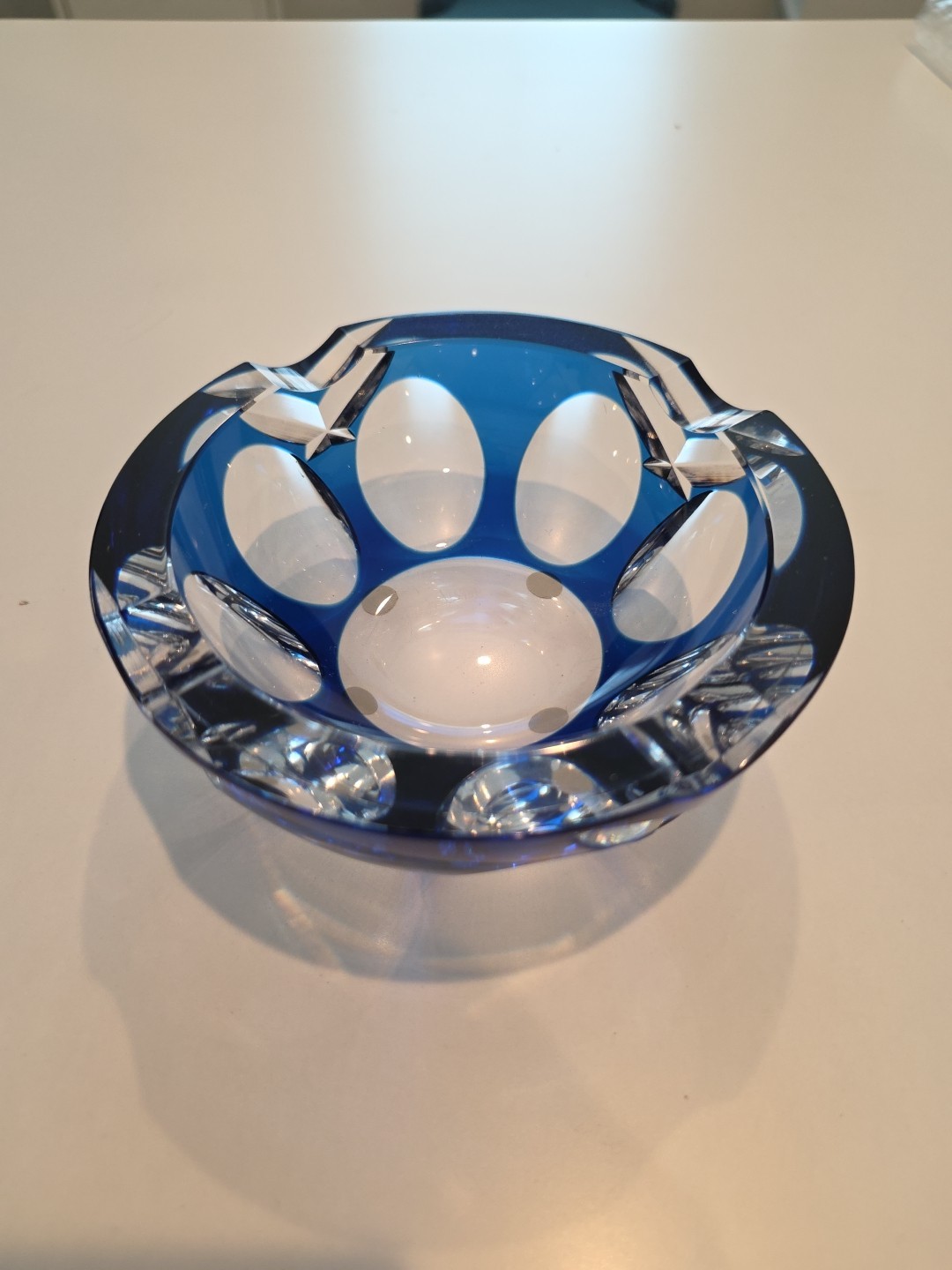 Mid-century Crystal Ashtray by Val St. Lambert / Blue Crystal/Cut Glass Signed