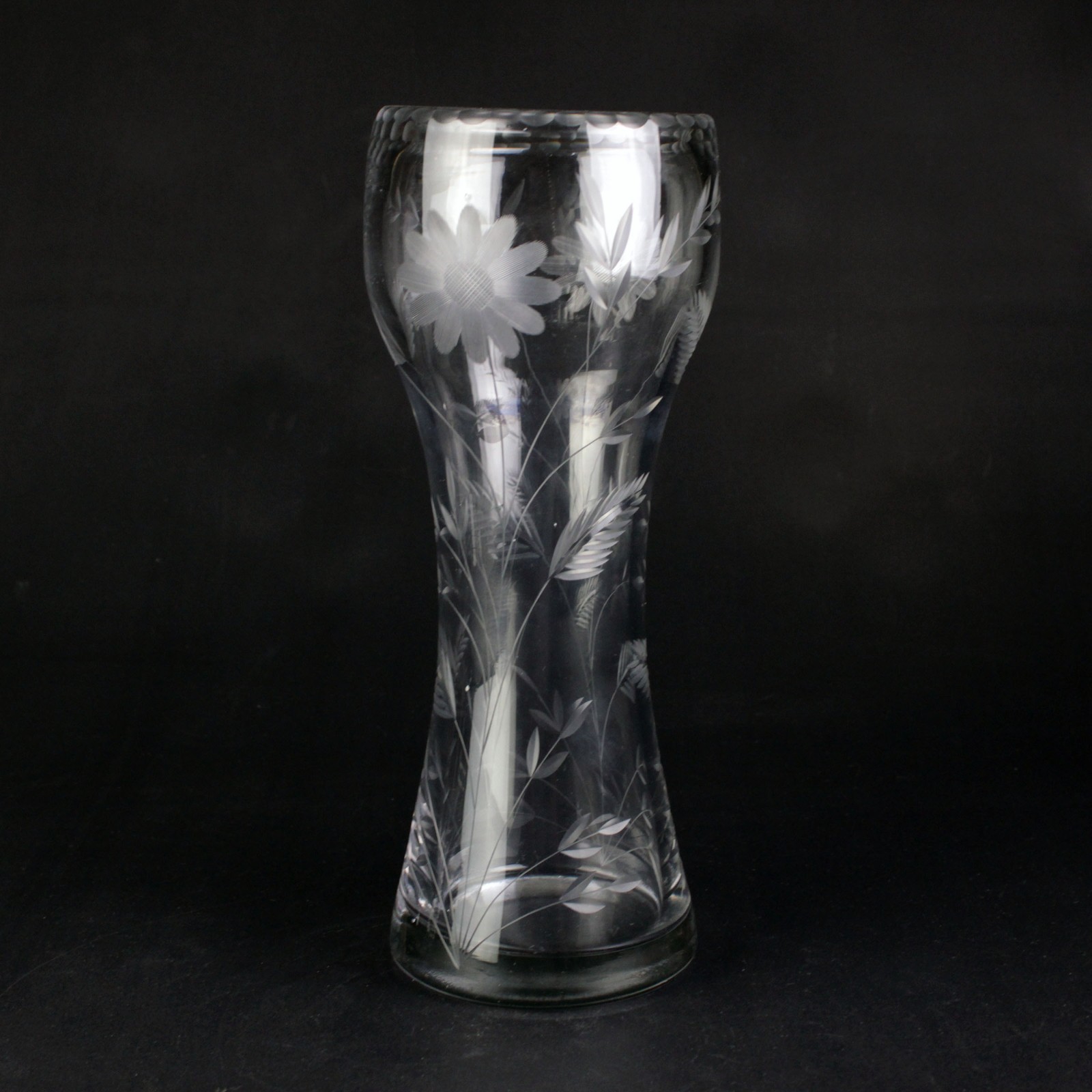 Fern and Floral Wheel Cut Corset Vase, Antique American Glass c.1915 12″