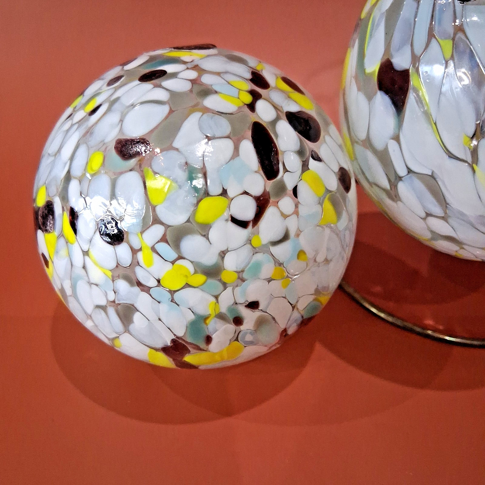 Set of 2 Murano Millefiori Glass Ball Decor/Ornament White/Yellow/Brown/Lt Green
