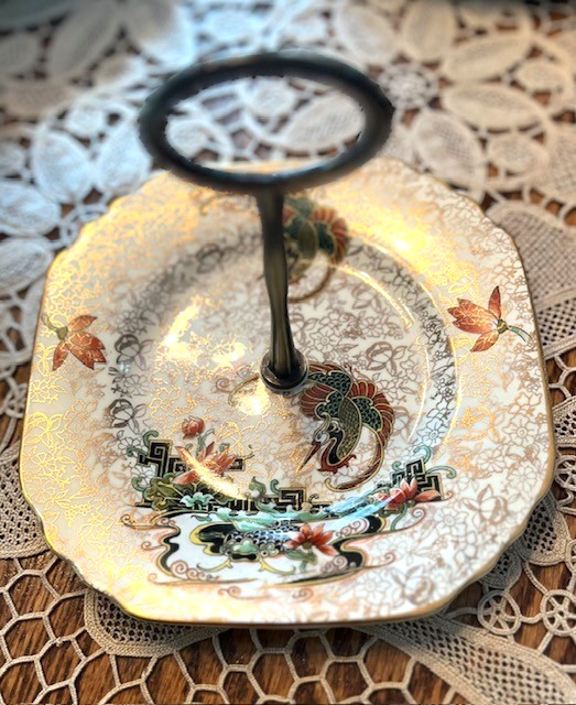 Single Tier Tray, Multi Purpose Catchall Dish, Bronze Tone Handle, Gold Trim
