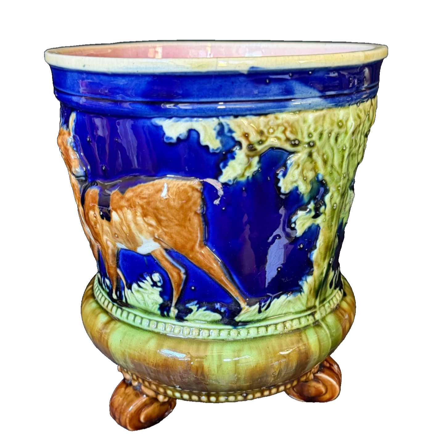 ENGLISH MAJOLICA DEER & TREES JARDINIERE Thomas Forester c1880 (Prof. Restored)