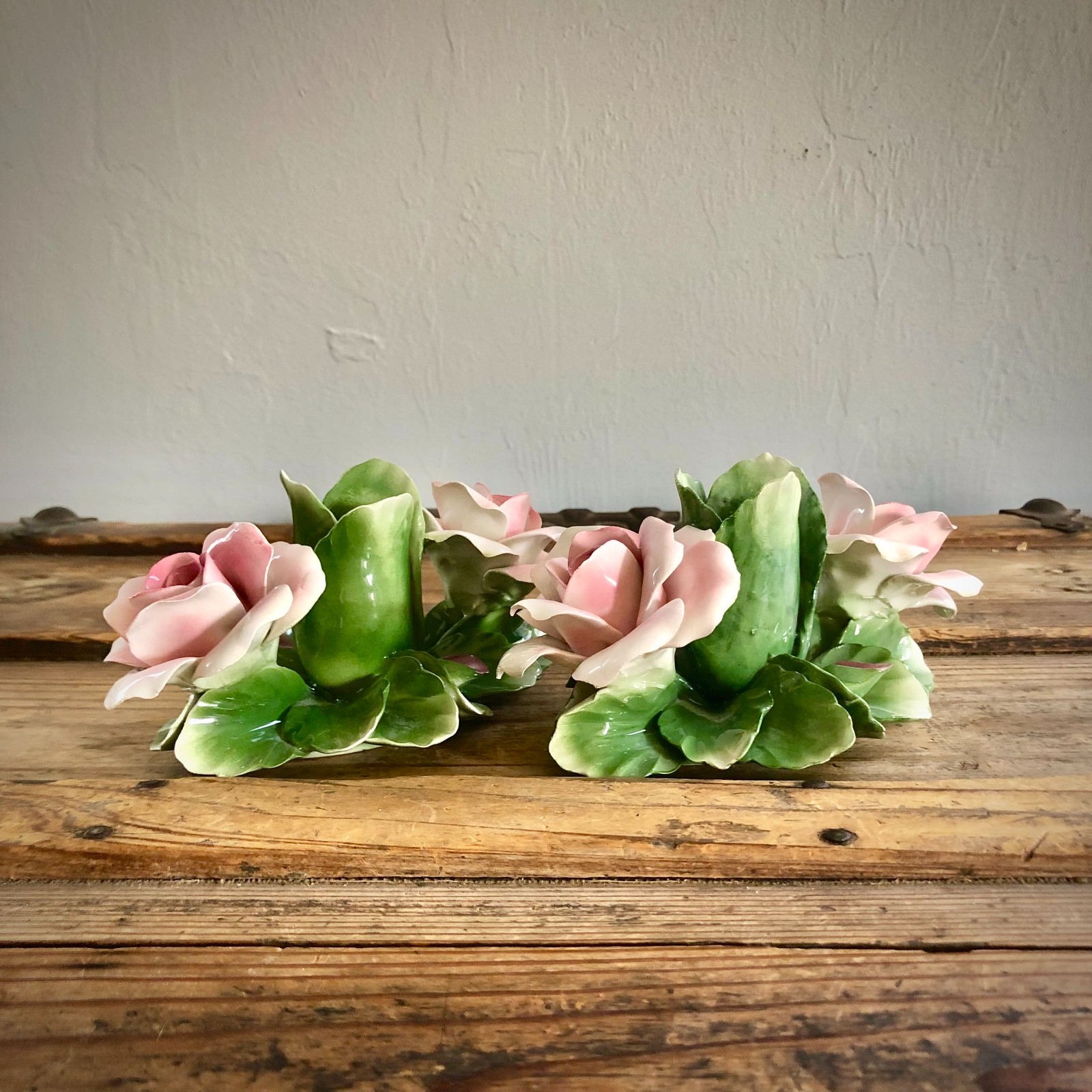 Vintage Capodimonte Porcelain Roses Candlestick Holder Pair W/ Paper and Sticker