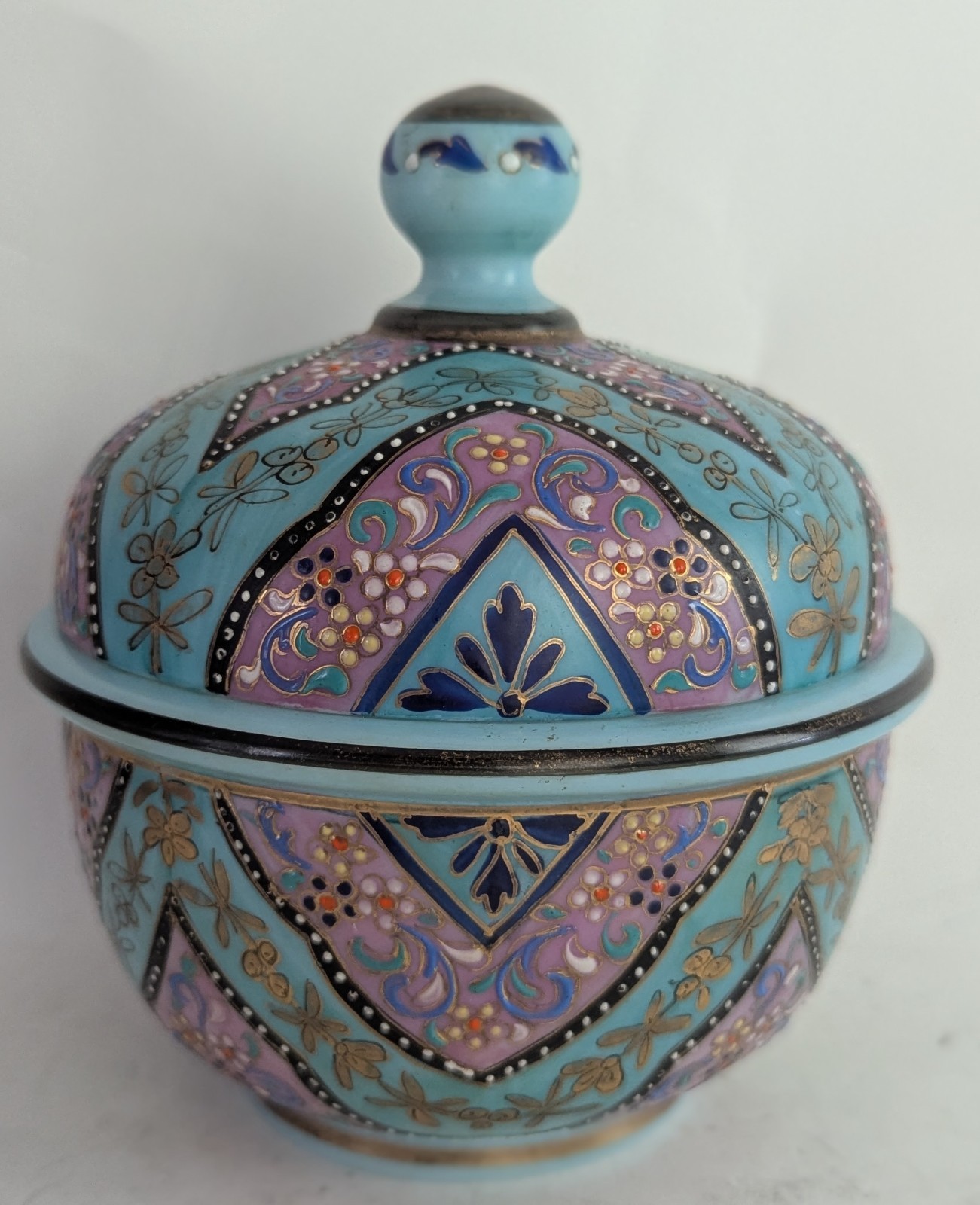 Harrach Moroccan Enamel Glass Jar Antique 6″ Tall EUC Webb Glass Czech