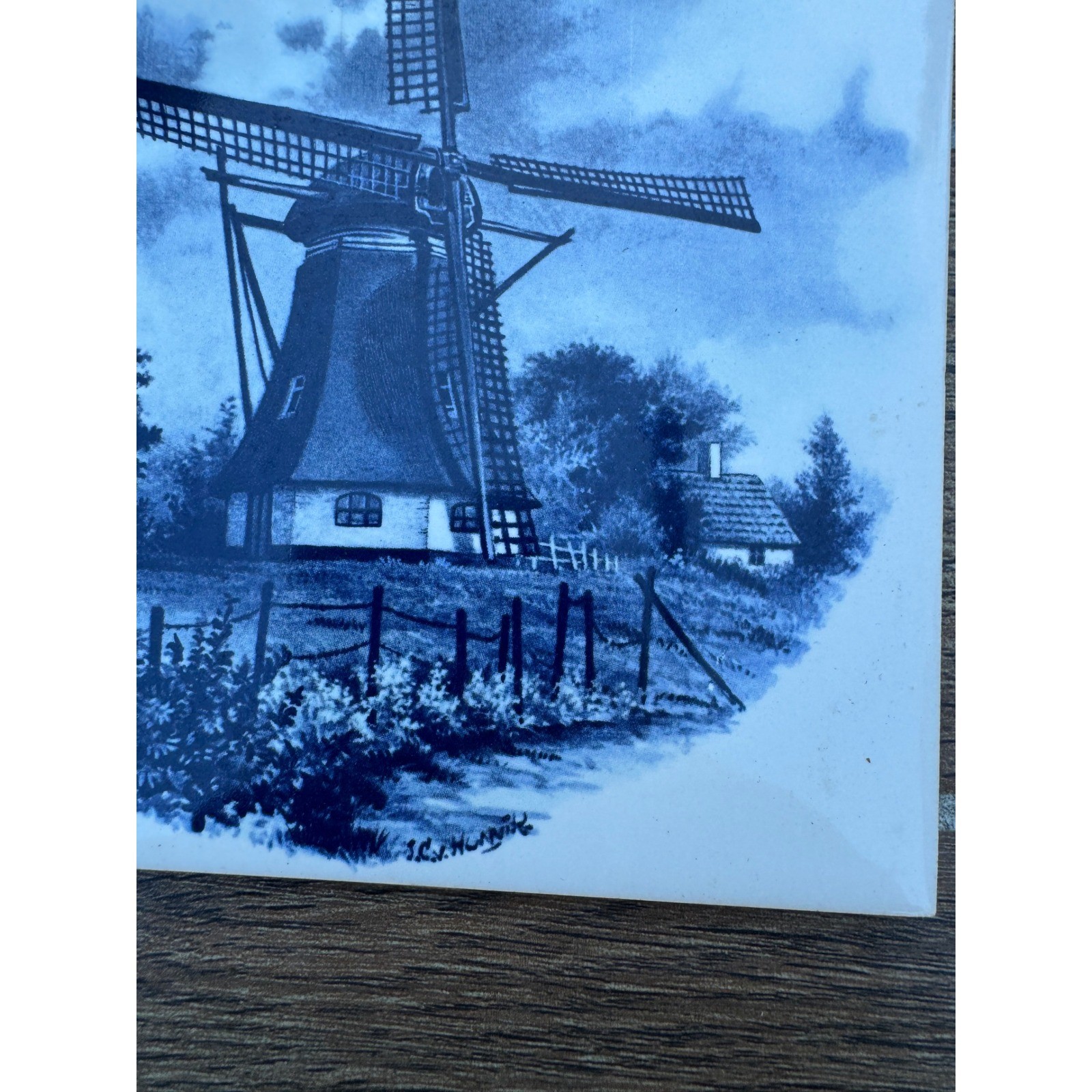 Delft blue 6″ wood framed ceramic art tile Vintage MOSA Holland porcelain