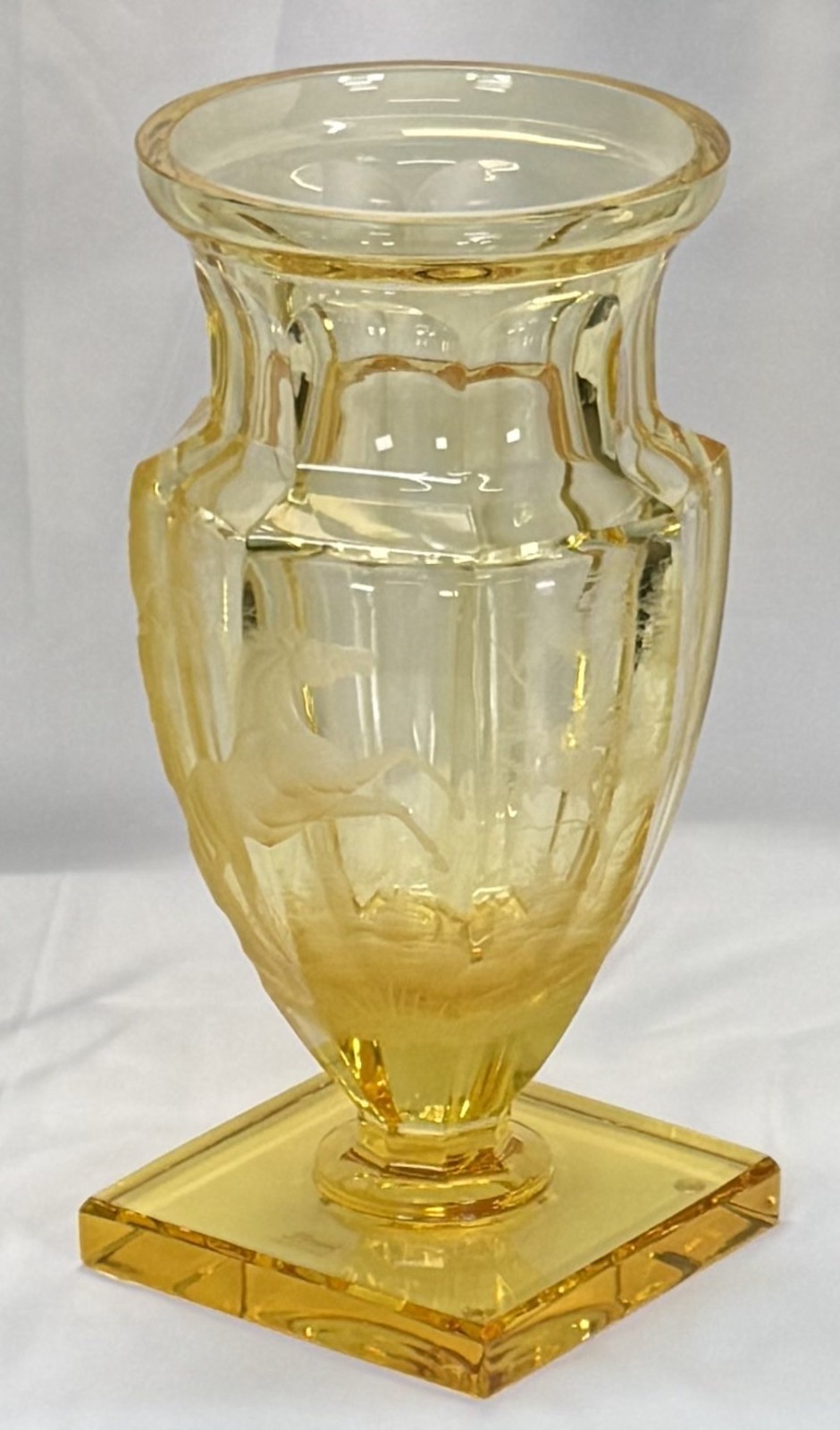 Moser Jumping Horse Vase Elder Yellow Engraved Potash Glass 12in