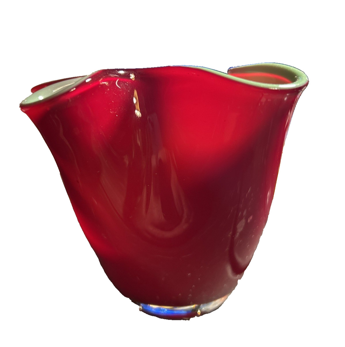 Red & Lime Green – Retro hand-blown art glass “fazzoletto” (handkerchief) vase