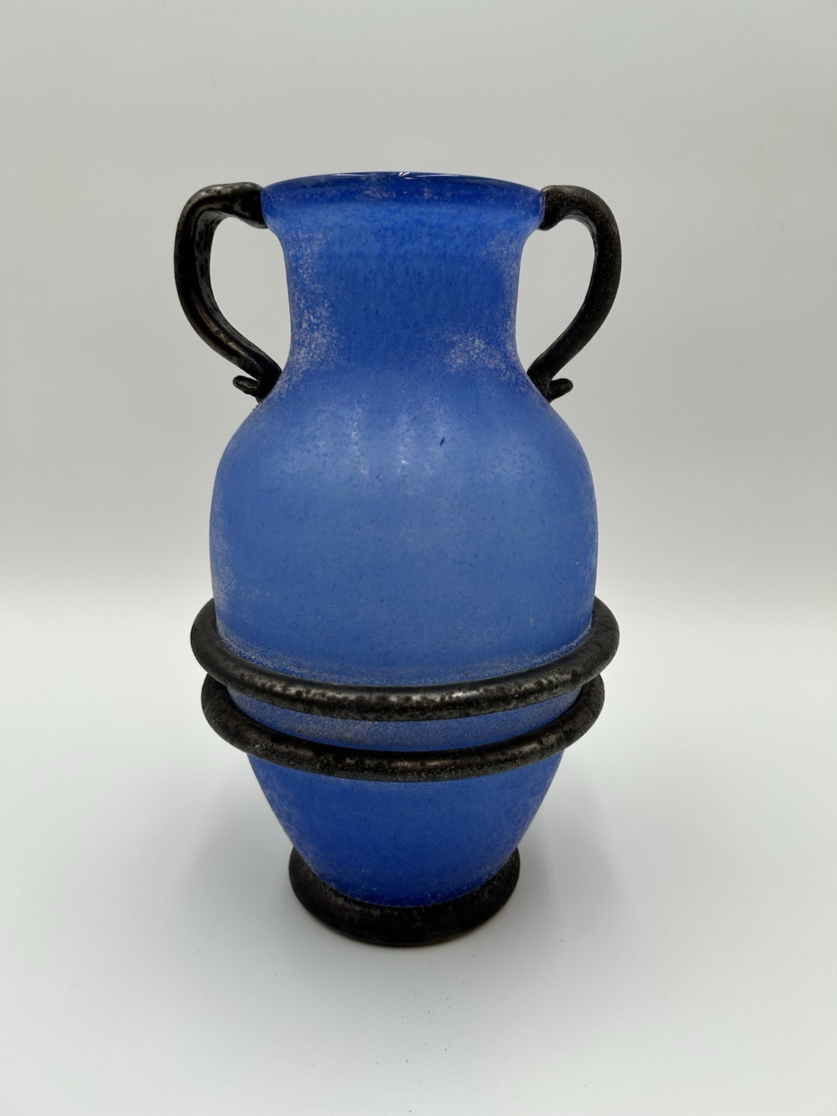 Royal Blue “Design Guild” Romania Handblown Amphora Scavo Art Glass Applied Vase
