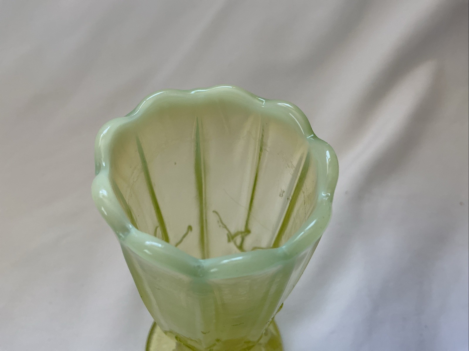 Dugan/ Northwood Canary Yellow Opalescent “Twig” Vaseline Glass Bud Vase