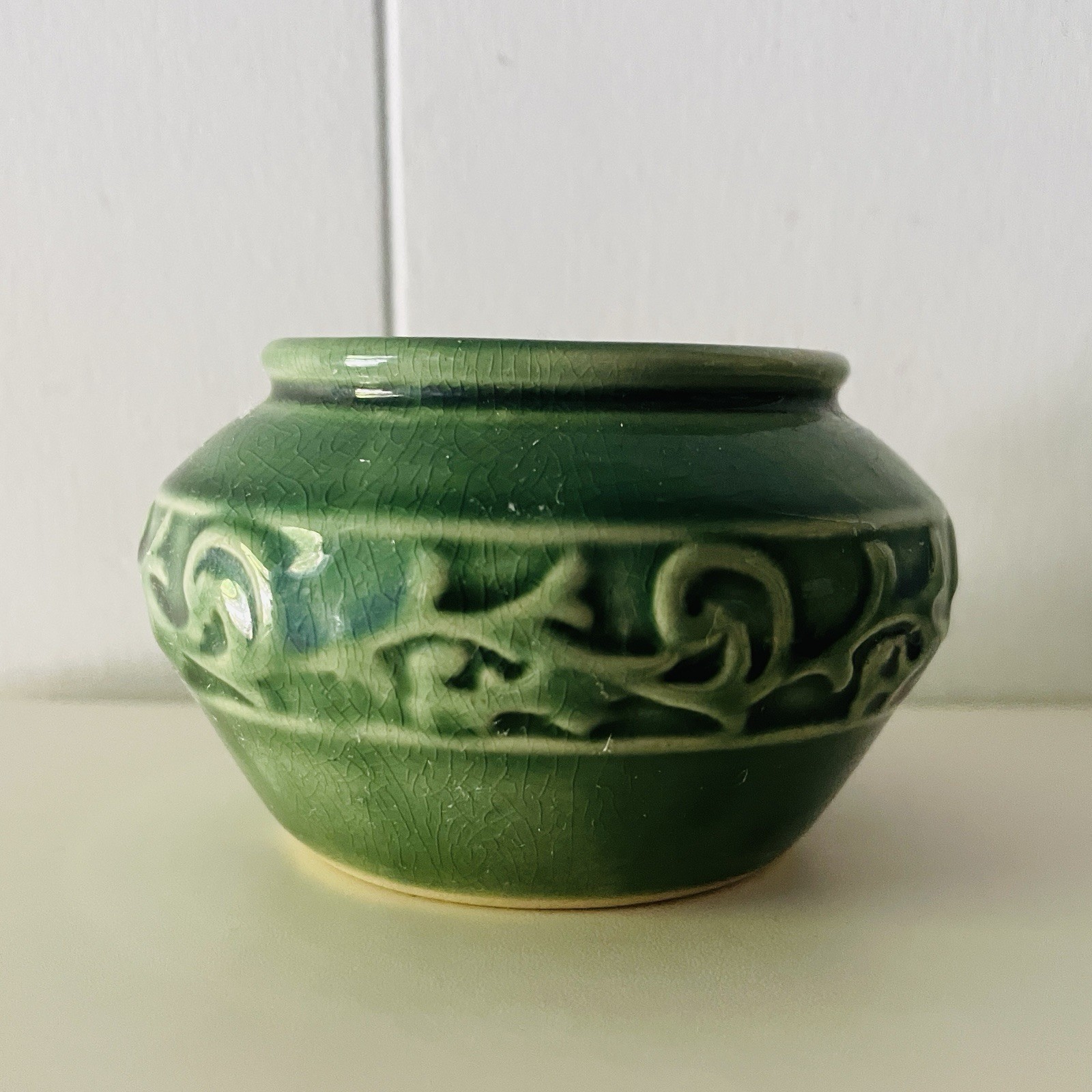 Vintage Small Green Glazed Art Pottery Cachepot Planter Raised Scroll Design