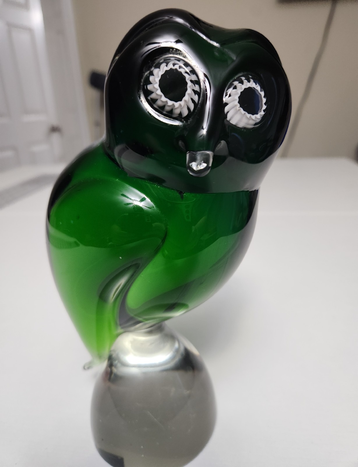 Vintage Hand-Blown Art Glass Owl, Green, Heavy, 8 1/2 Inches Tall, From 1950’s