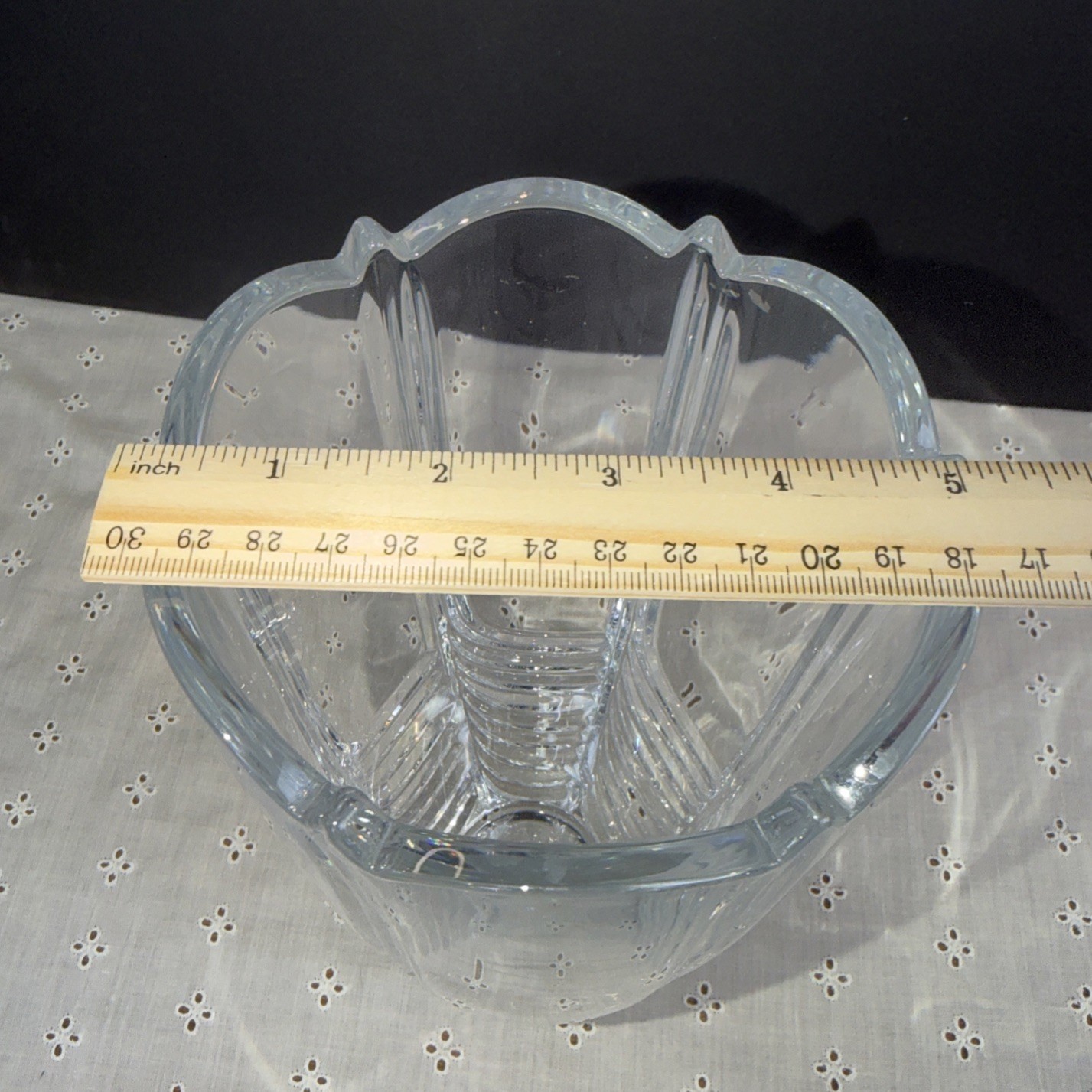 Czech Republic Bohemian Scalloped Top Ribbed Crystal Clear Vase 9 3/4” Art Deco