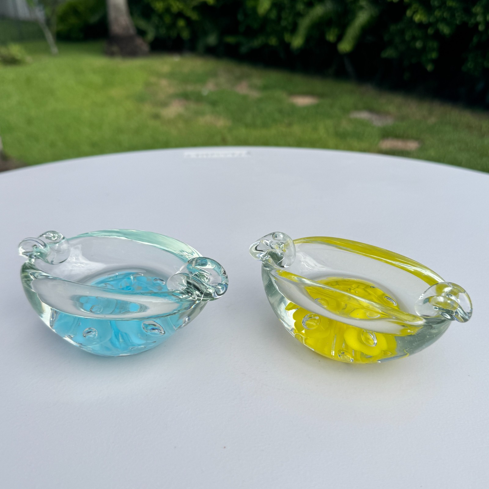 Joe St Clair Art Glass Ashtray Paperweight Pair Blue Yellow Floral Bubble Label
