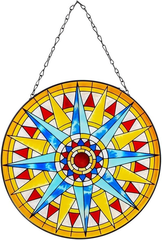 12″ x 12″ Vintage Style Round Sun Stained Glass Window Hanging Suncatcher Panel.