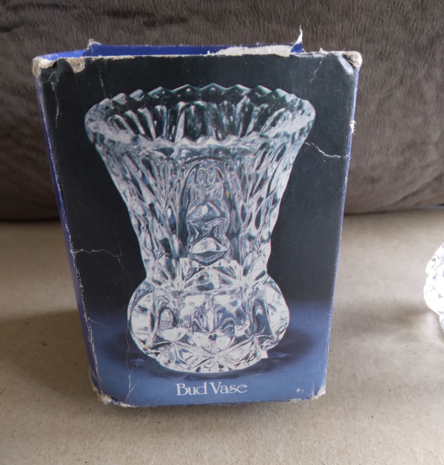 Lead crystal bud vase–Yugoslavia–Zajecar–very worn box–3.75″ tall–10 ounces