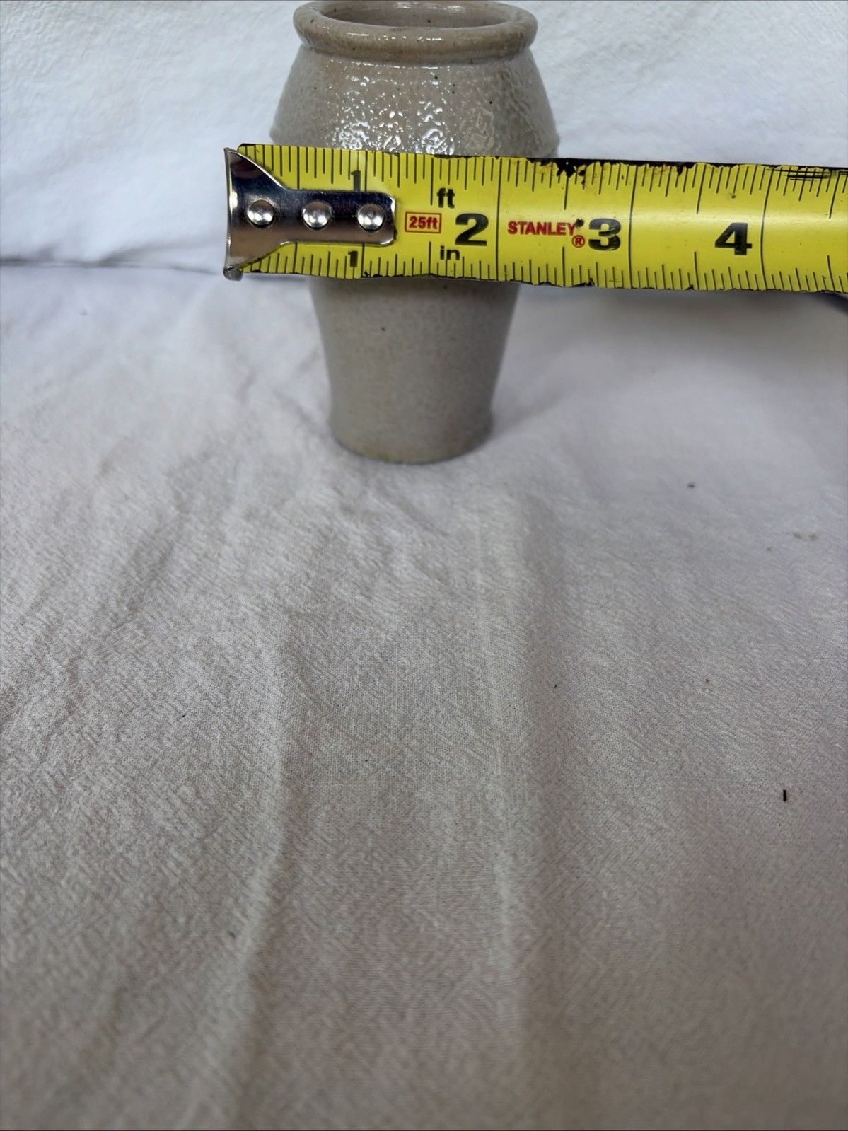 Antique Miniature 4″ Salt Glaze Stoneware Jar Flat Rim Tapered w Ringed Shoulder