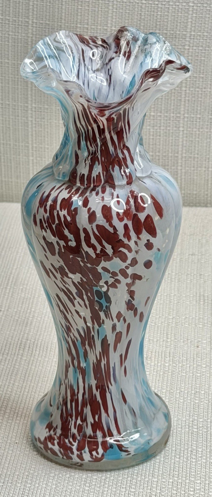 Ruffled Edge White, Red, Blue Splatter Speckled Czech Glass 8” Vase