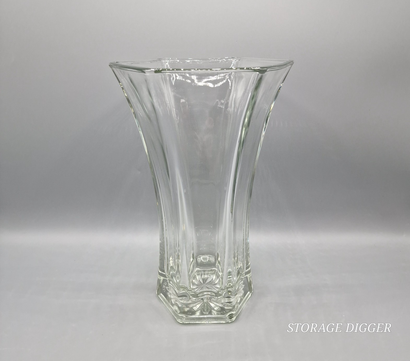 Vintage Hoosier Glass #4041 Heavy Clear Glass Vase 10″ Tall, 6 Sided Hexagon