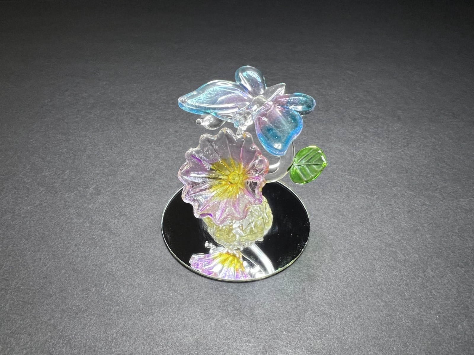 Hand Blown Spun Art Glass Decorative Pink & Blue Butterfly on Flower Figurine