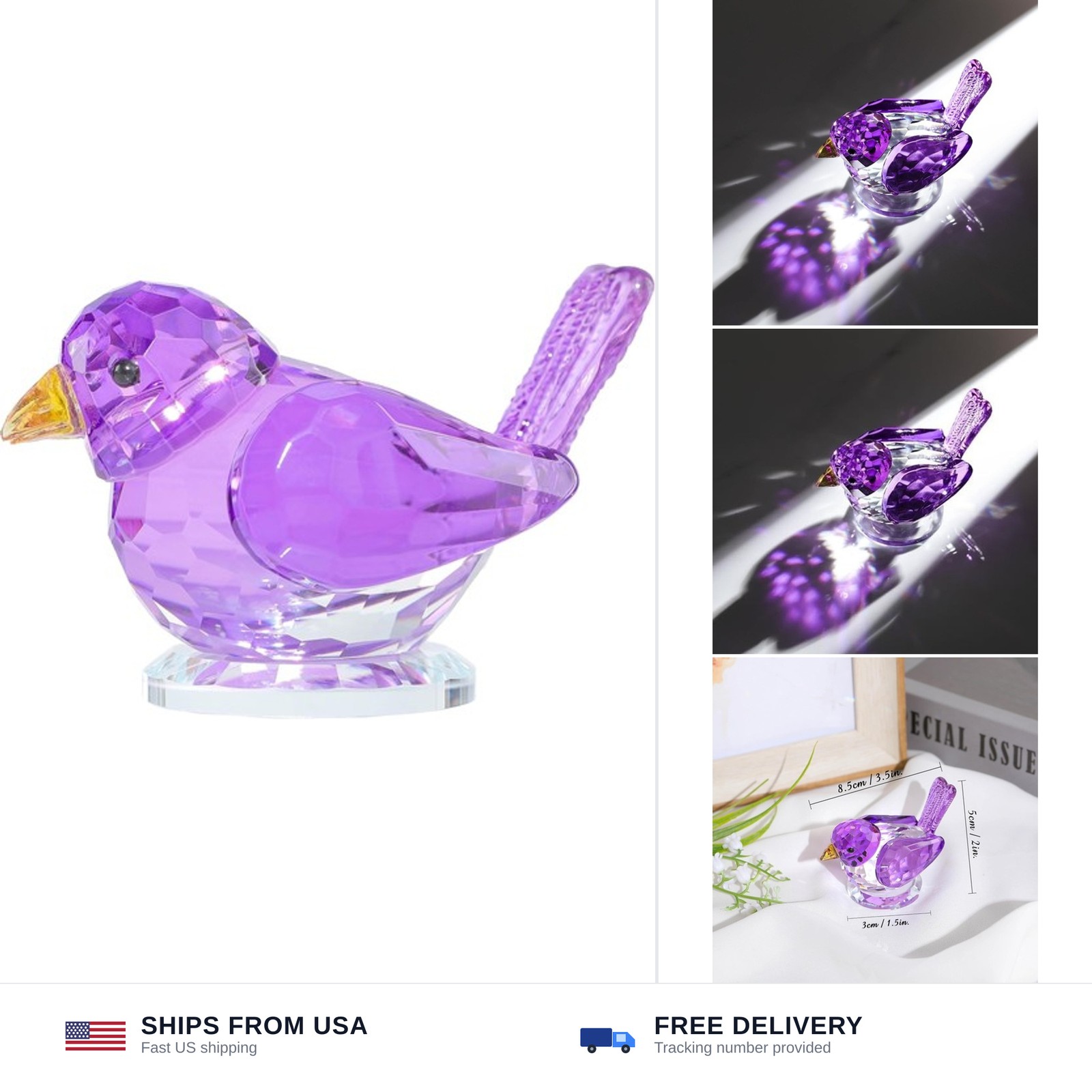 Qianwei Purple Crystal Bird Figurine Collectible Handmade Blown Glass Decor |…