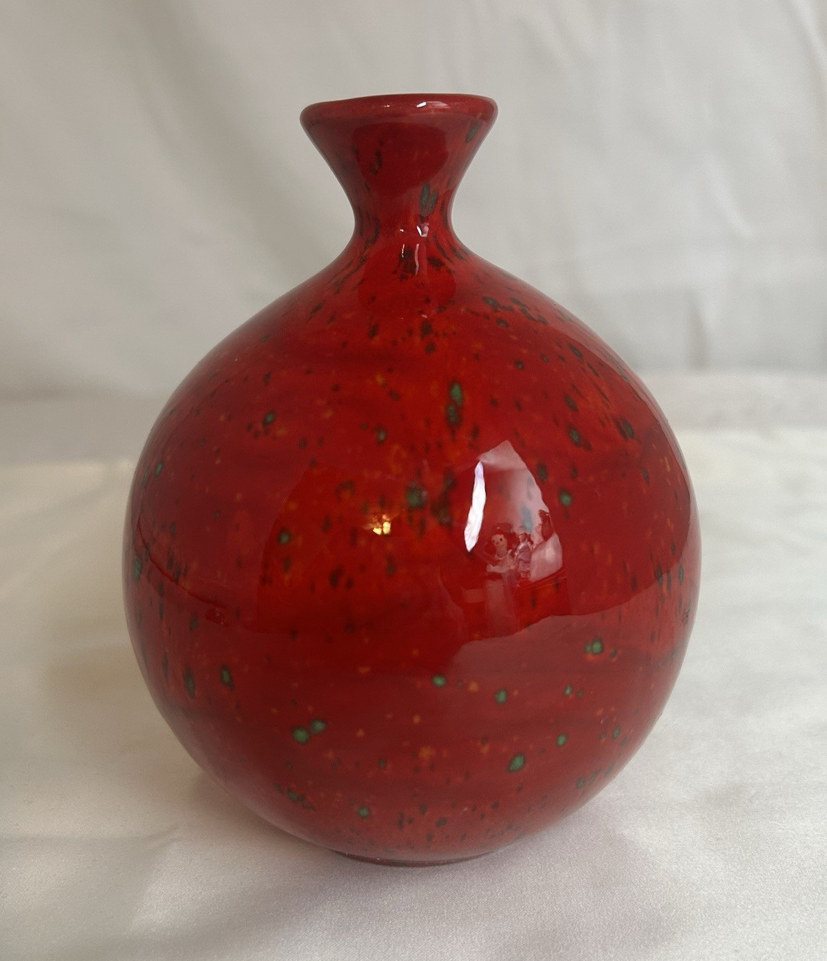 Red & Green Spotted Art Ceramic “Weed Pot”Tall Glossy Decorative Signed