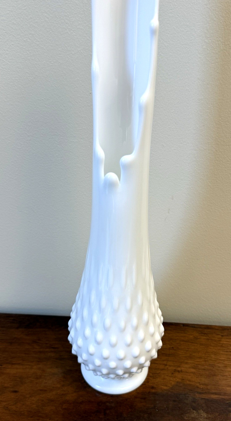 Vintage Fenton Hobnail White Milk Glass Stretch Swung Vase 15.25″ Tall MCM