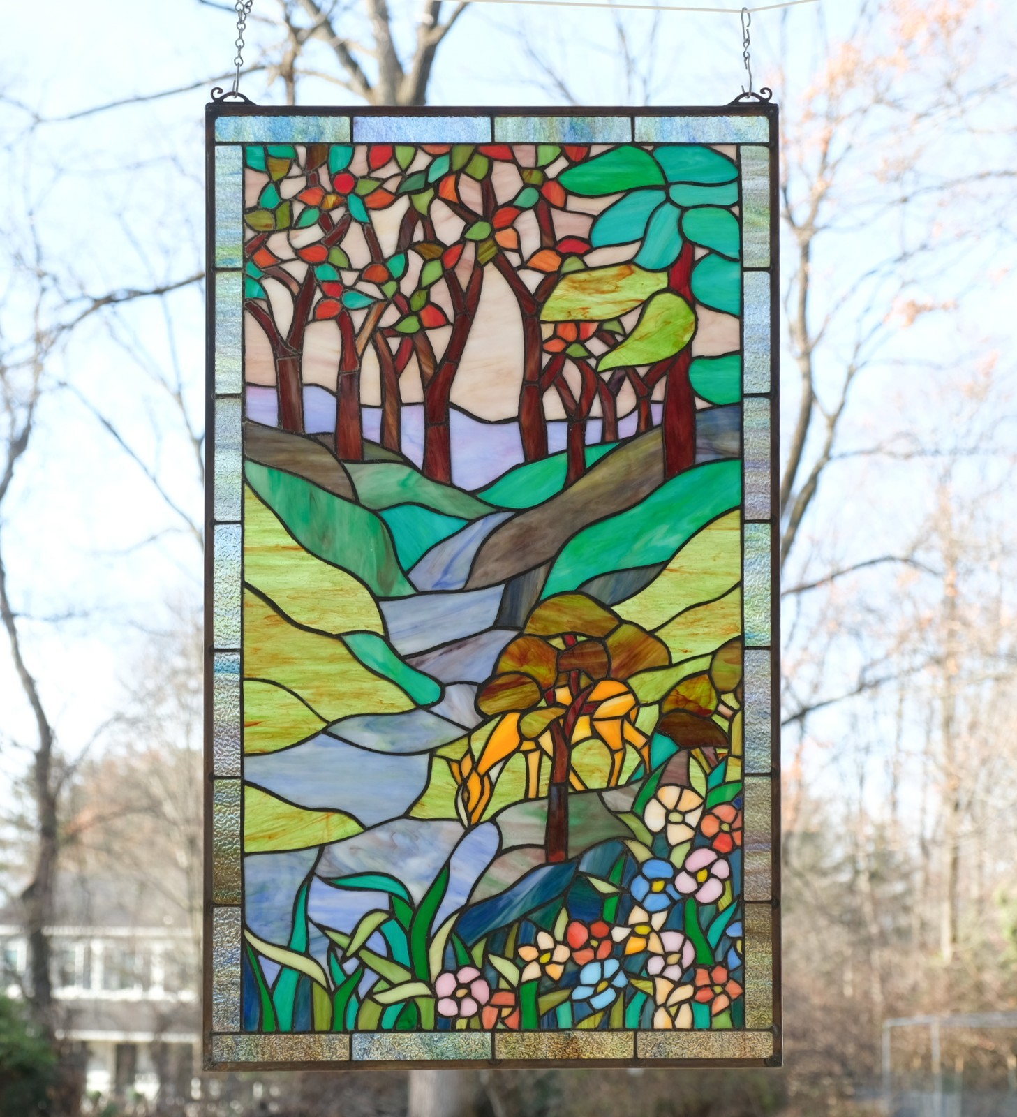 20″ x 33.75″ Tiffany Style stained glass window panel Deer Drinking Water HF446