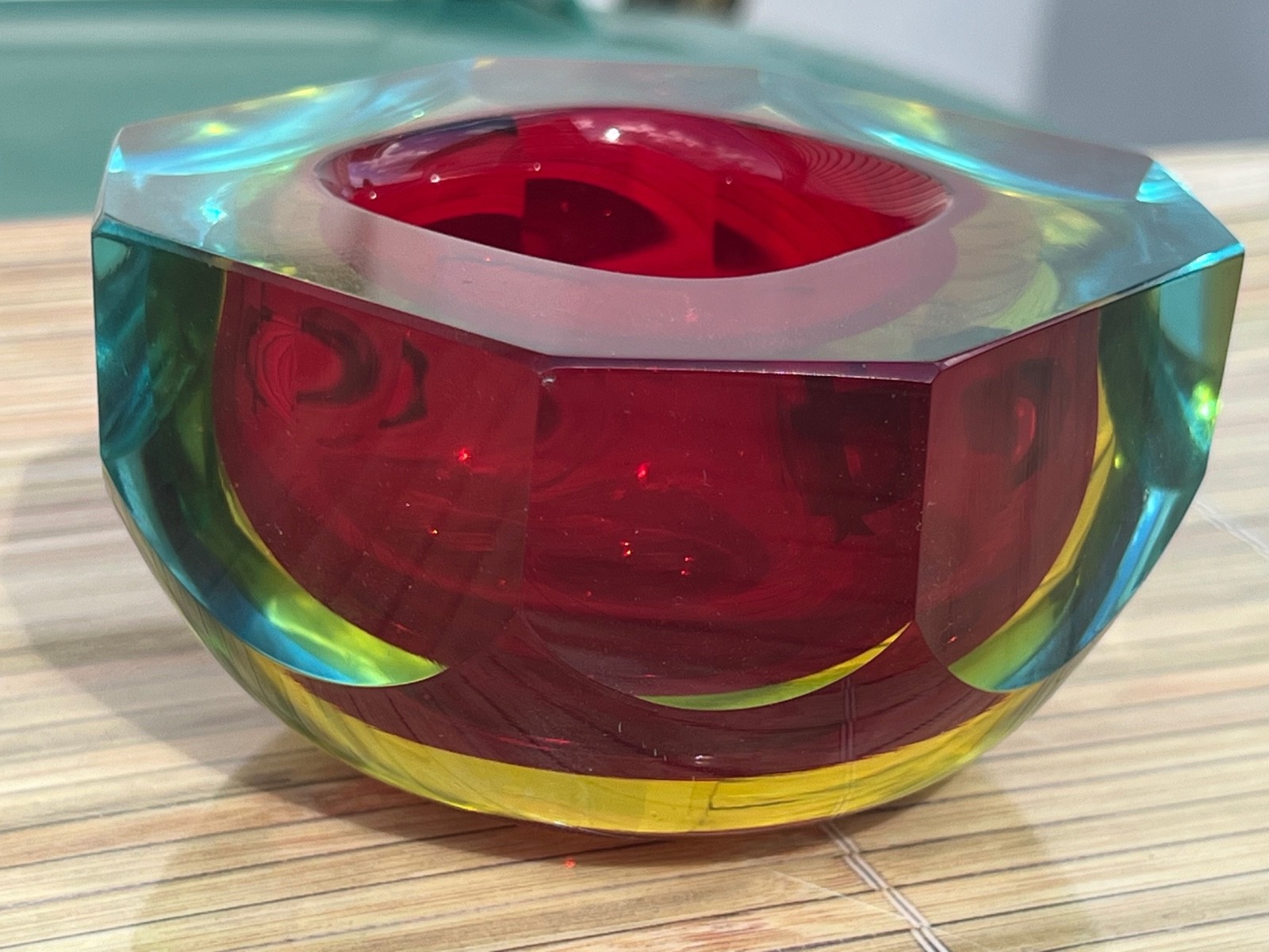 VINTAGE Faceted Red Murano Diamond Cut Glass Bowl