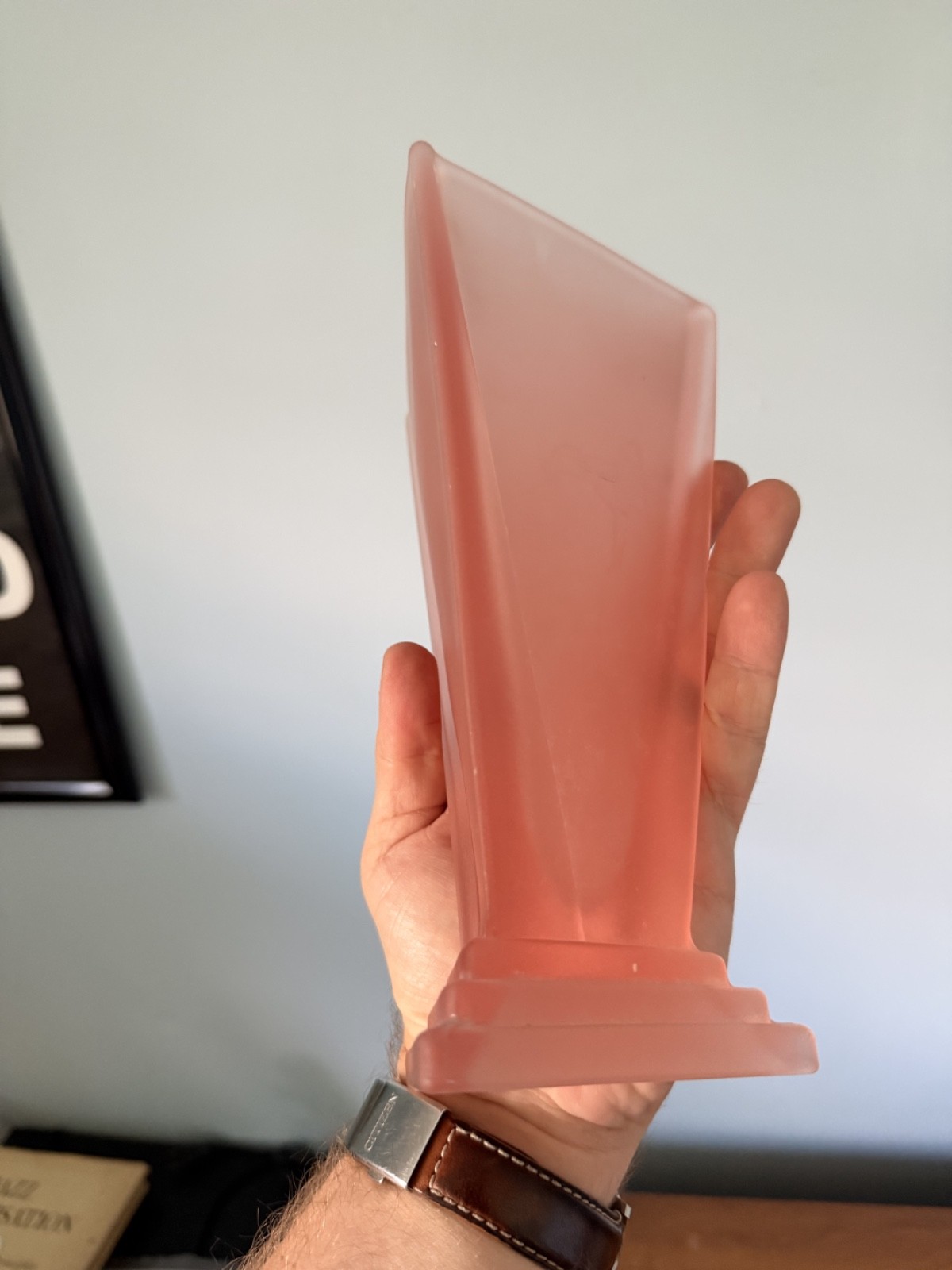 Art Deco New Martinsville Pink Satin Triangular Vase! 1920’s Art Deco Glass!
