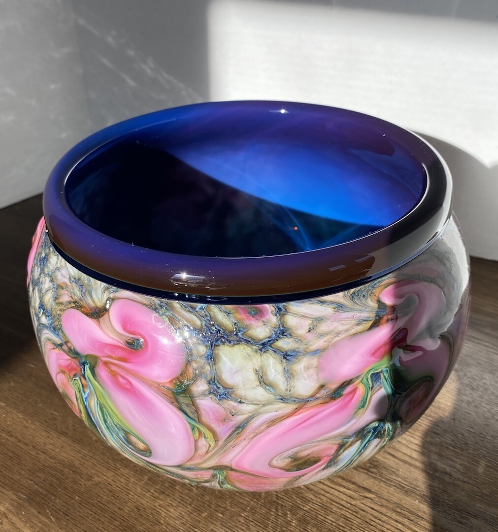 Charles Lotton Floral Iris Art Glass Bowl, Hand Blown, Artist Signed 2014