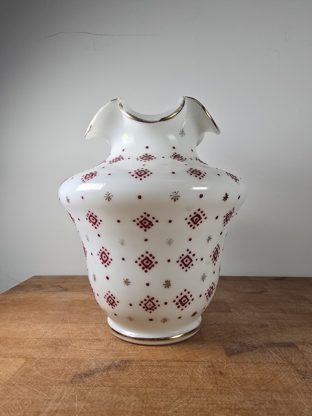Fenton Charleton Vase Ruffled Gold Stripe Milk Glass Red Geometric Pattern 3001