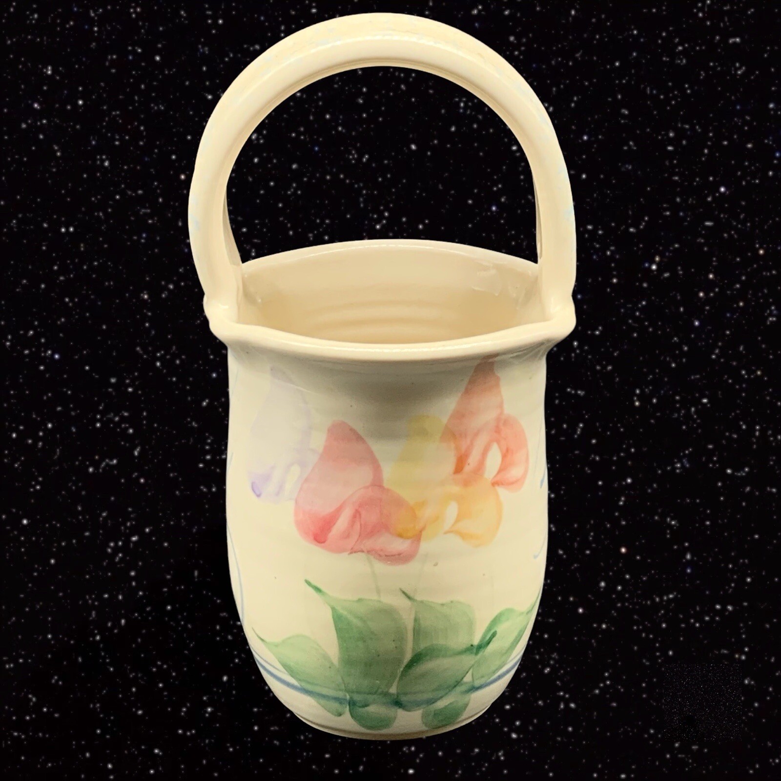 Vintage Studio Cheri Platter Pottery Tullips Handled Basket Vase 8.5”T 4.5”W