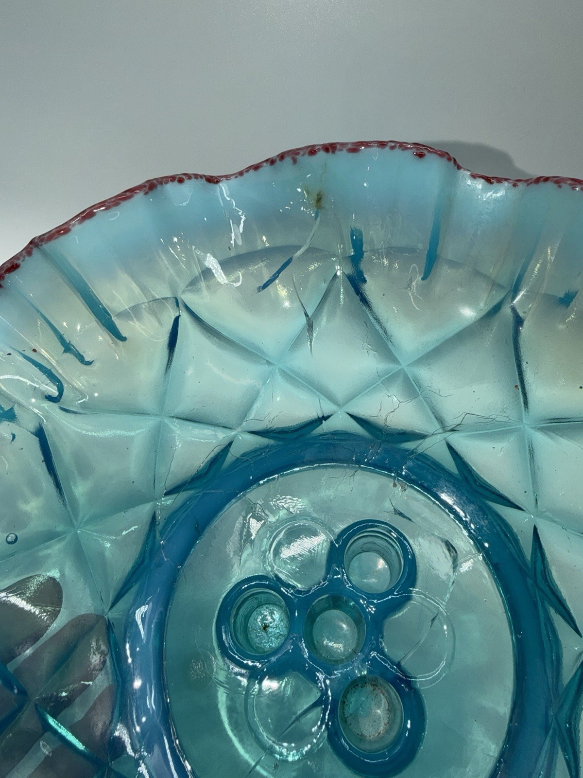 Vintage Epergne Northwood 4 Horn Opalescent Blue Red Frit Stunning READ RARE