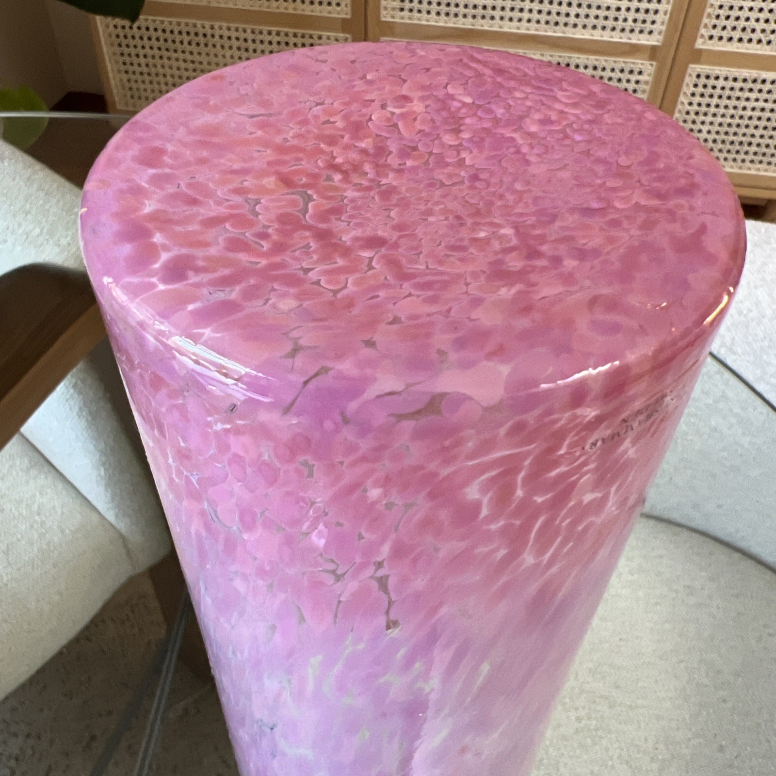 Lindshammer Sweden Pink Mottled Glass Vase 8″ Original Sticker, 1960s Bernadotte